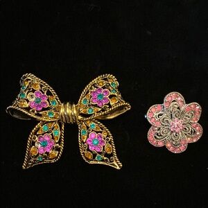 Gold and Pink Bow Brooch Set